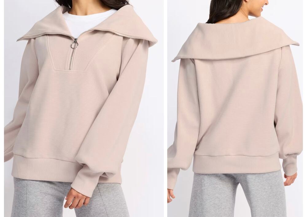 Varley Vine Half Zip Ottoman Ribbed  Oversized Sweatshirt Beige Dusty Pink XS